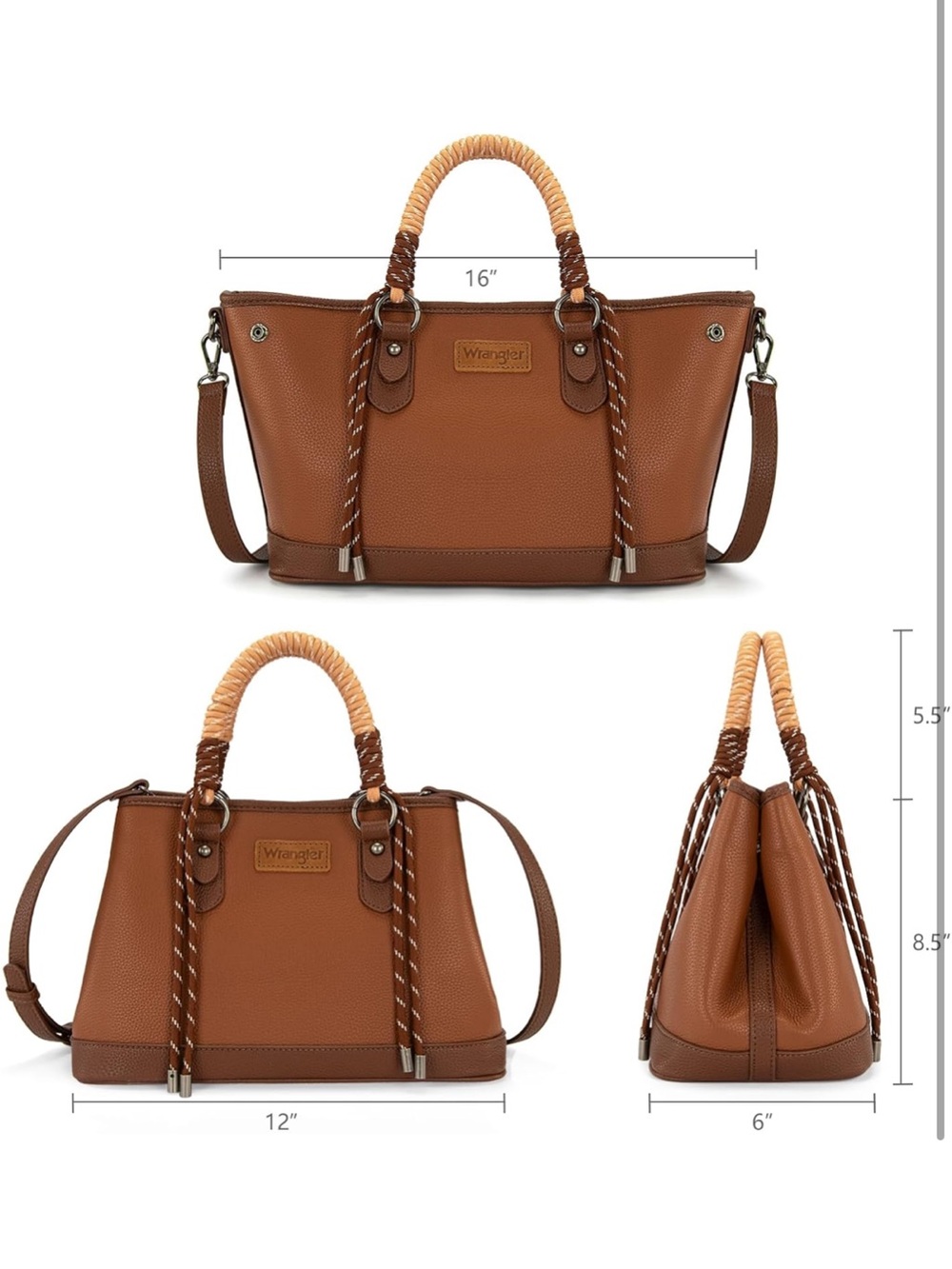 Wrangler Brown Leather Satchel with Braided Rope Handles - Picture 4 of 8